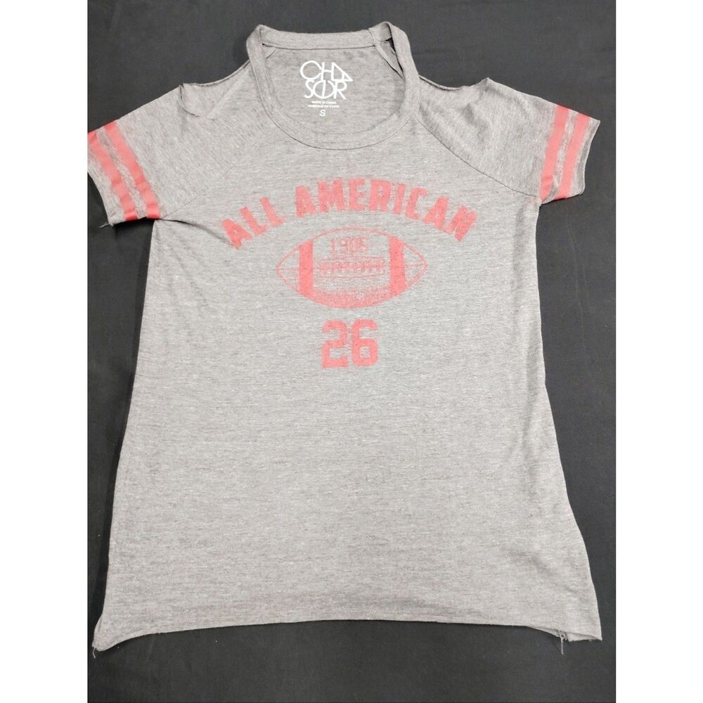 Chaser Gray Cold Shoulder Tee with Red 'All American' Football Graphic